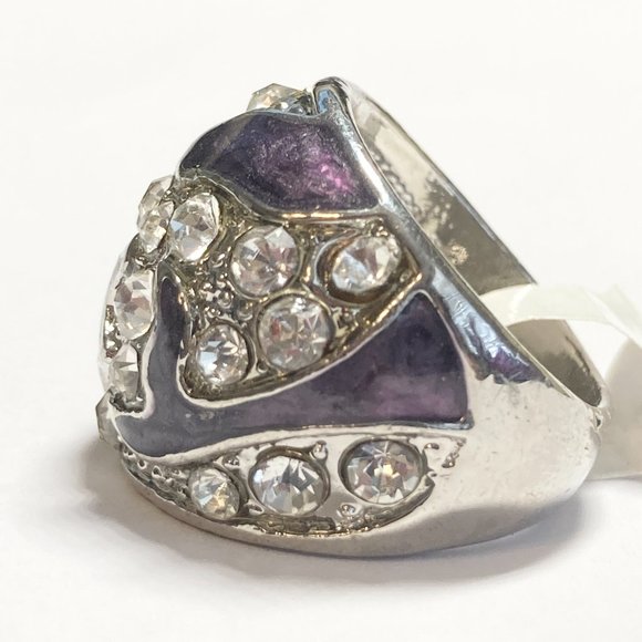 Vintage Purple Enamel Cocktail Ring Silver Plated Crystal Rhinestone Size 6 Boho - Picture 8 of 12